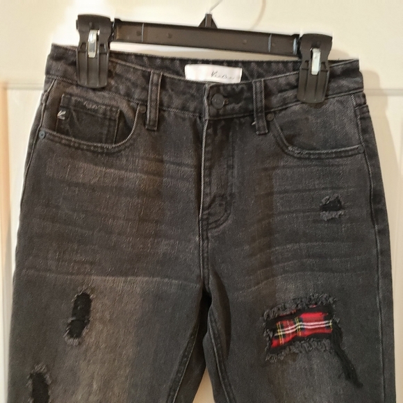 KanCan High Rise Straight Black Plaid patch - Picture 2 of 10